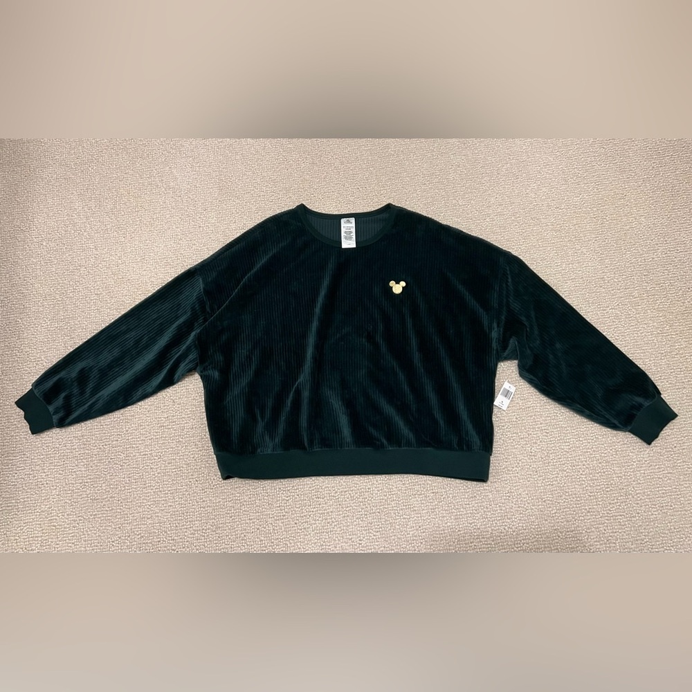 Disney Mickey Mouse Icon Ribbed Velvet Pullover Sweatshirt for Women in Green